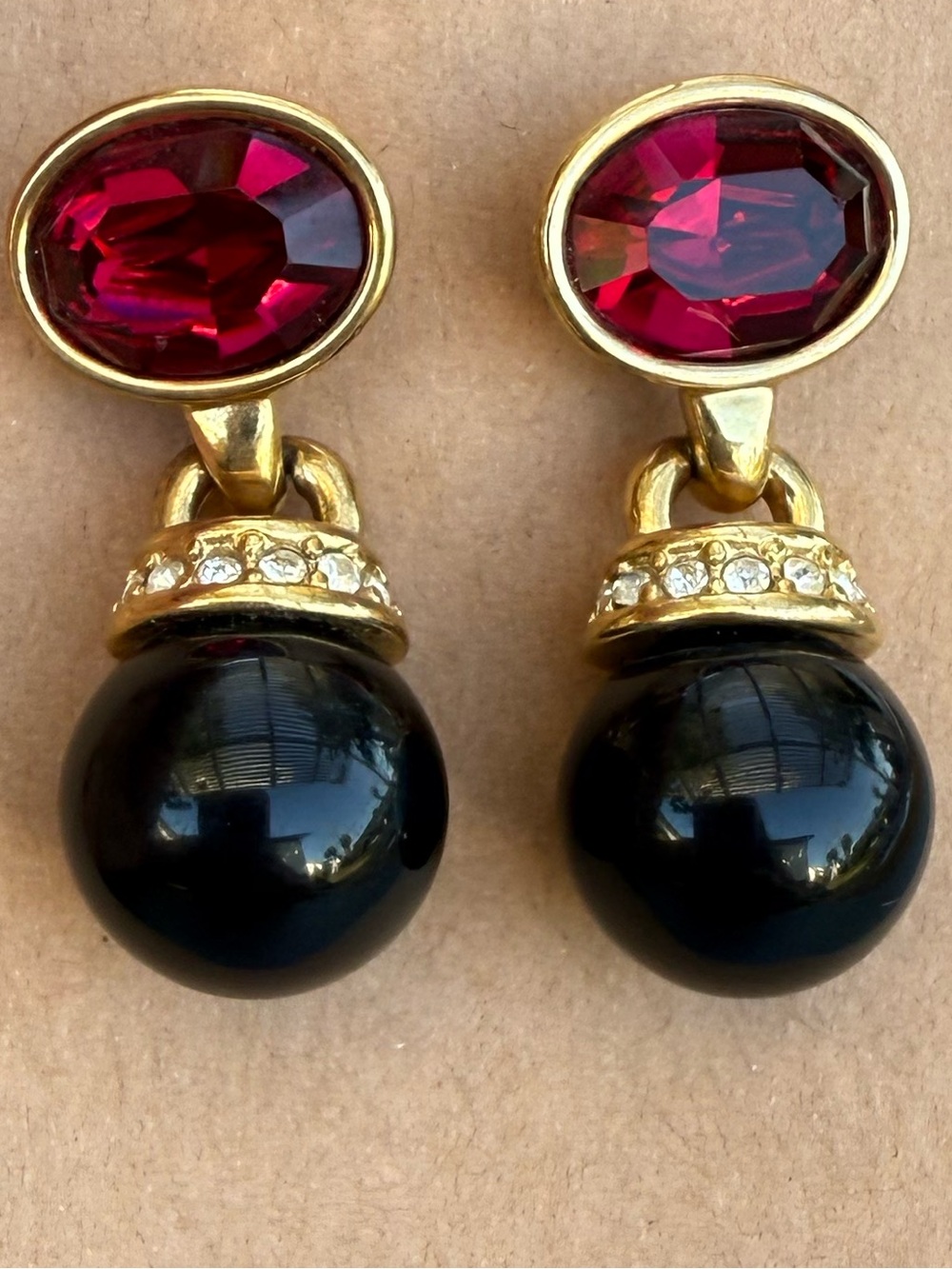 Gold Drop Earrings with Pink Crystal and Black Bead